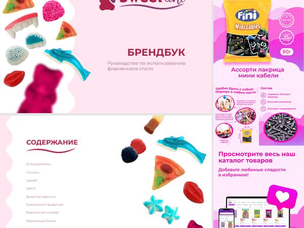 Развороты брендбука кондитерской марки: обложка и содержание